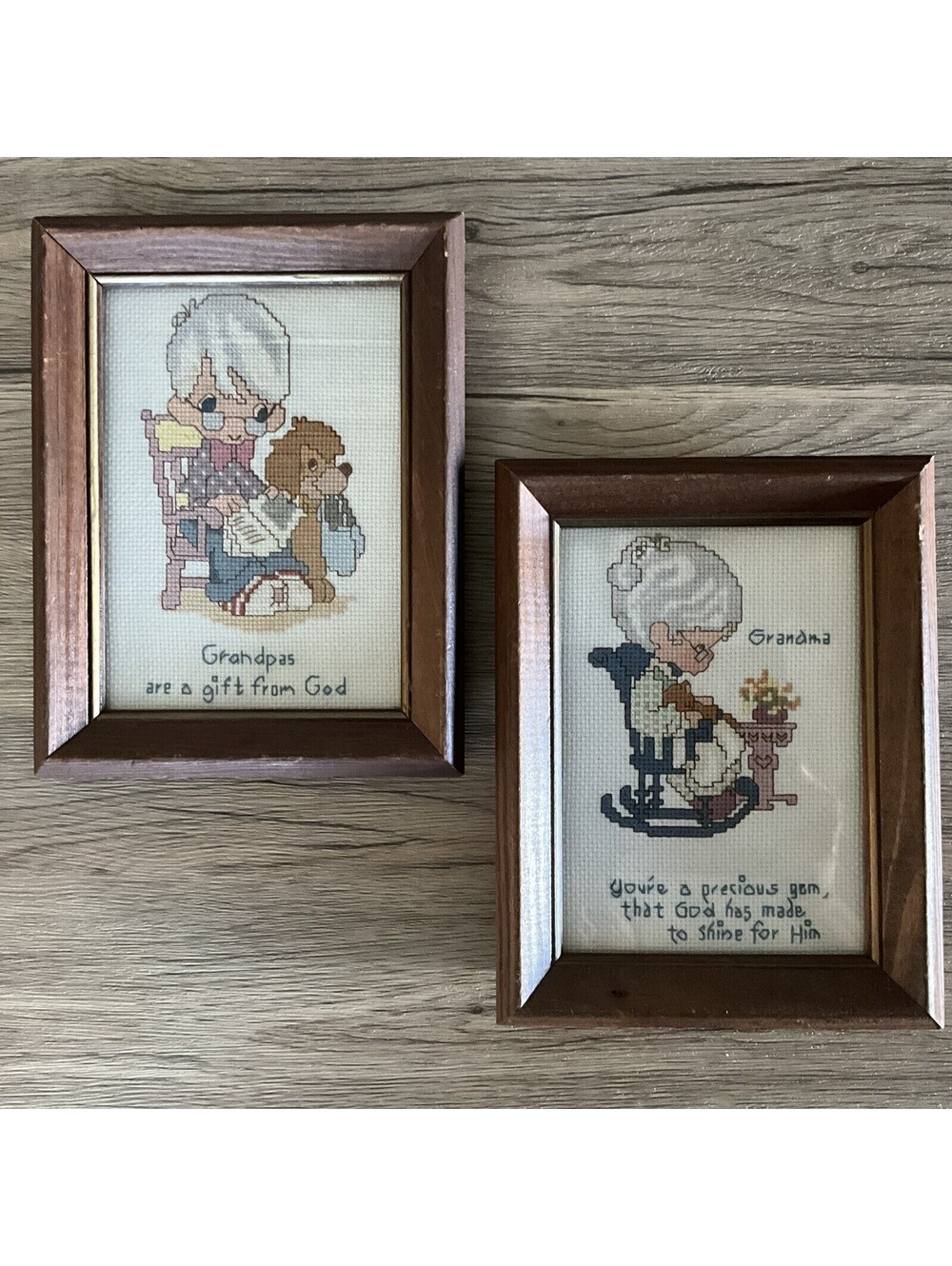 Completed Cross Stitch Precious Moments Grandpa & Grandma Pair Framed 6.5 x 8.5